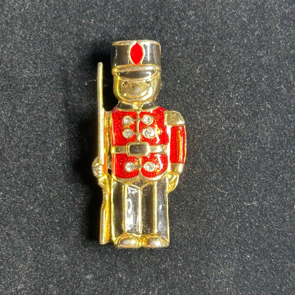 Vintage Nutcracker Toy Soldier Brooch Red Enamel Rhinestone Holiday Pin 2 Inch